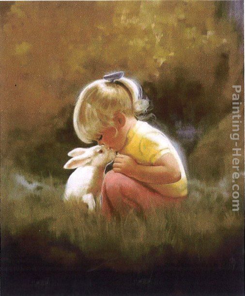 Lovely little girl and rabbit painting - Unknown Artist Lovely little girl and rabbit art painting